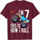 Kids 7 Year Old Shirt 7th Birthday Boy Monster Truck Car T-Shirt - T-Shirt | Maroon