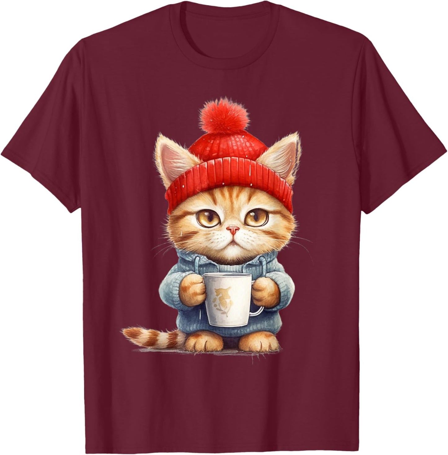 Cute kitten with his mug - La petit chat's coffee break Women Girls Kids T-Shirt - T-Shirt | Maroon