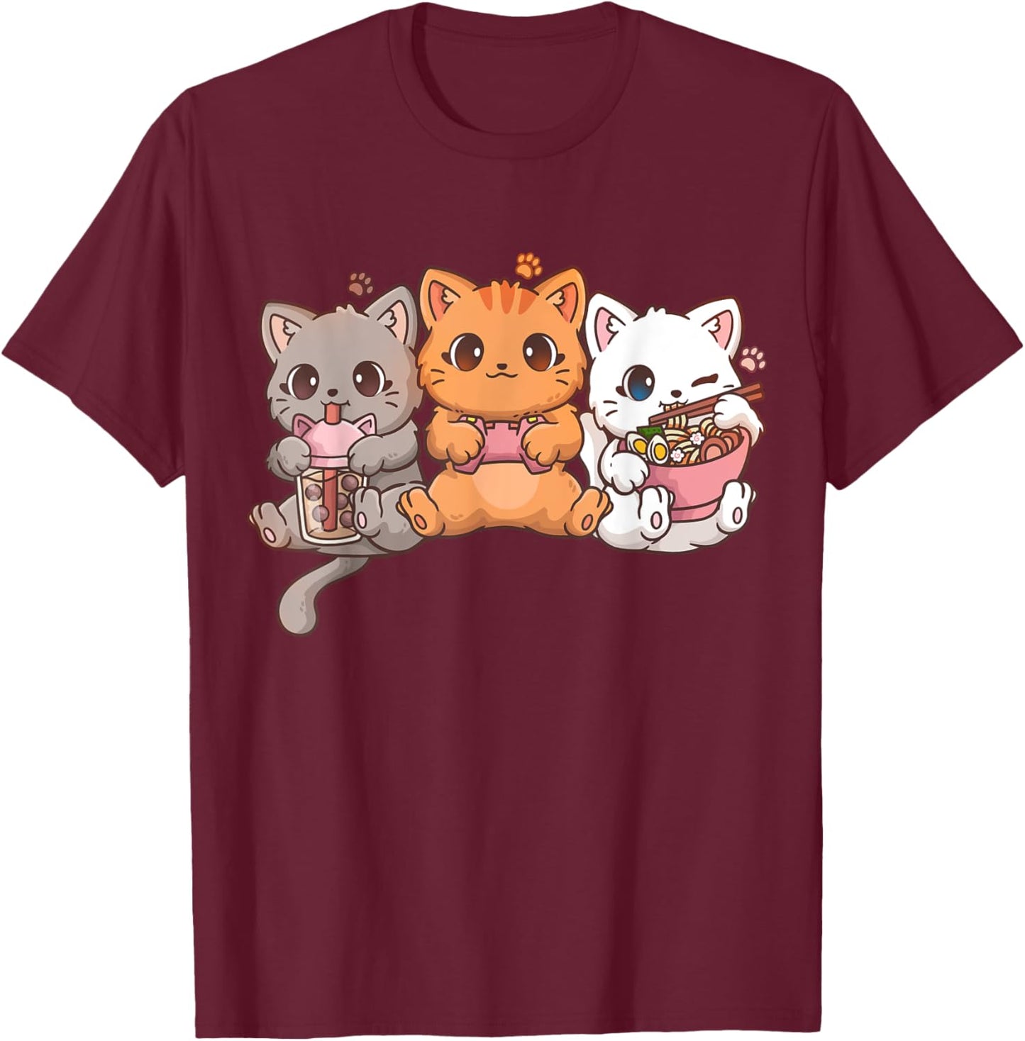 Kawaii Gamer Gaming Cat Boba Cat Bubble Tea Ramen Cats T-Shirt - T-Shirt | Maroon