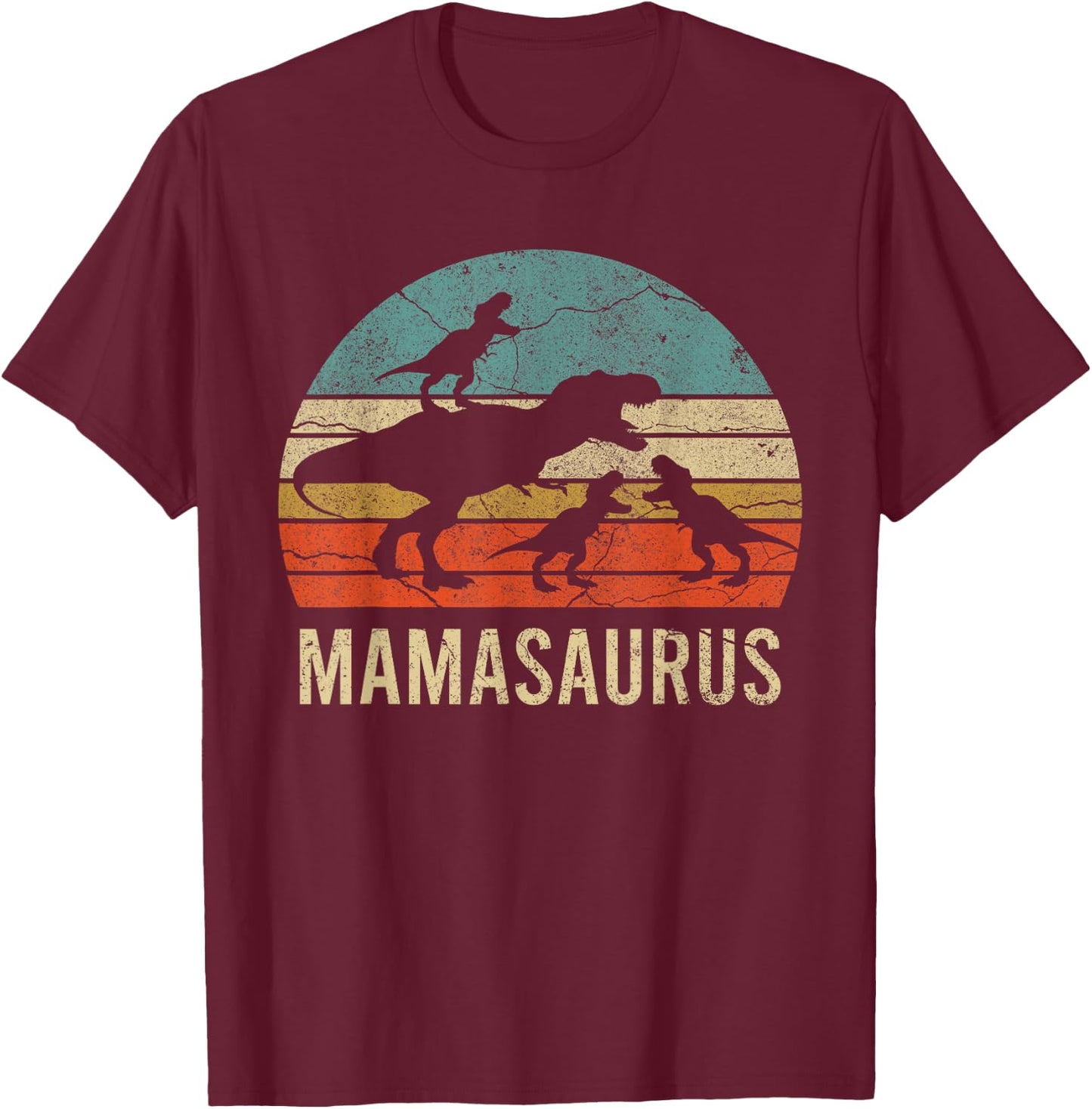 Mommy Mom Mama Dinosaur Funny 3 Three kids Mamasaurus Gift T-Shirt - T-Shirt | Maroon