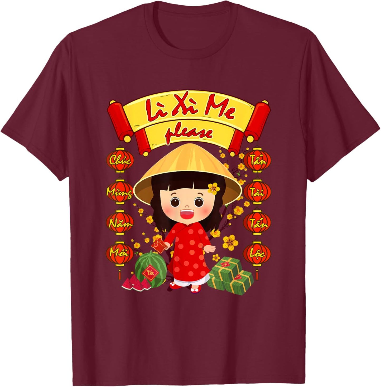 Li Xi Me Please Girl Ao Dai Funny Vietnamese Lunar New Year T-Shirt - T-Shirt | Maroon