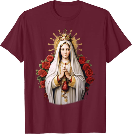Our Lady of Fatima with Rosary Catholic Christian Faith T-Shirt - T-Shirt | Maroon