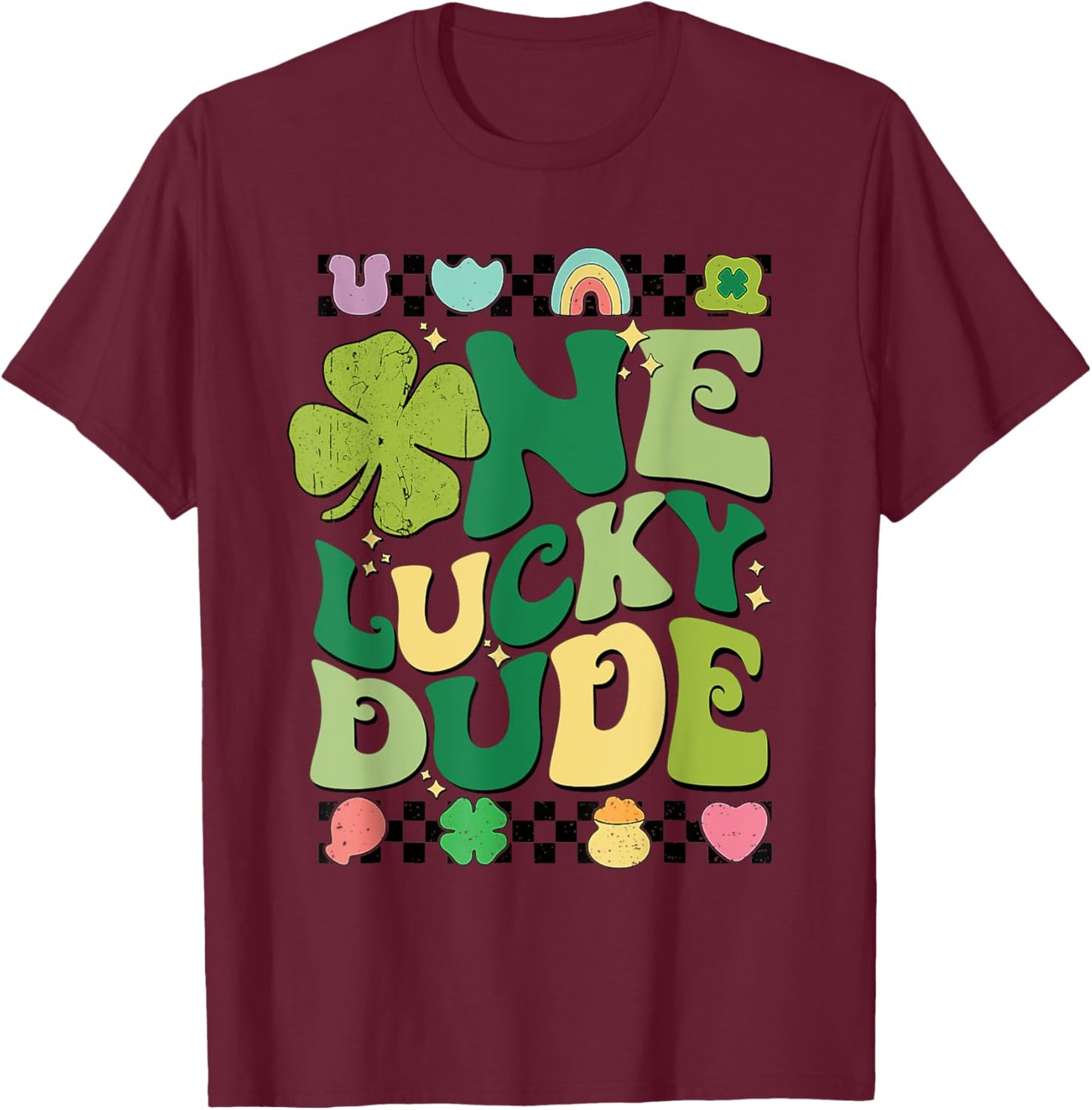 Retro One Lucky Dude St Patricks Day Shamrock Lucky Charm T-Shirt - T-Shirt | Maroon