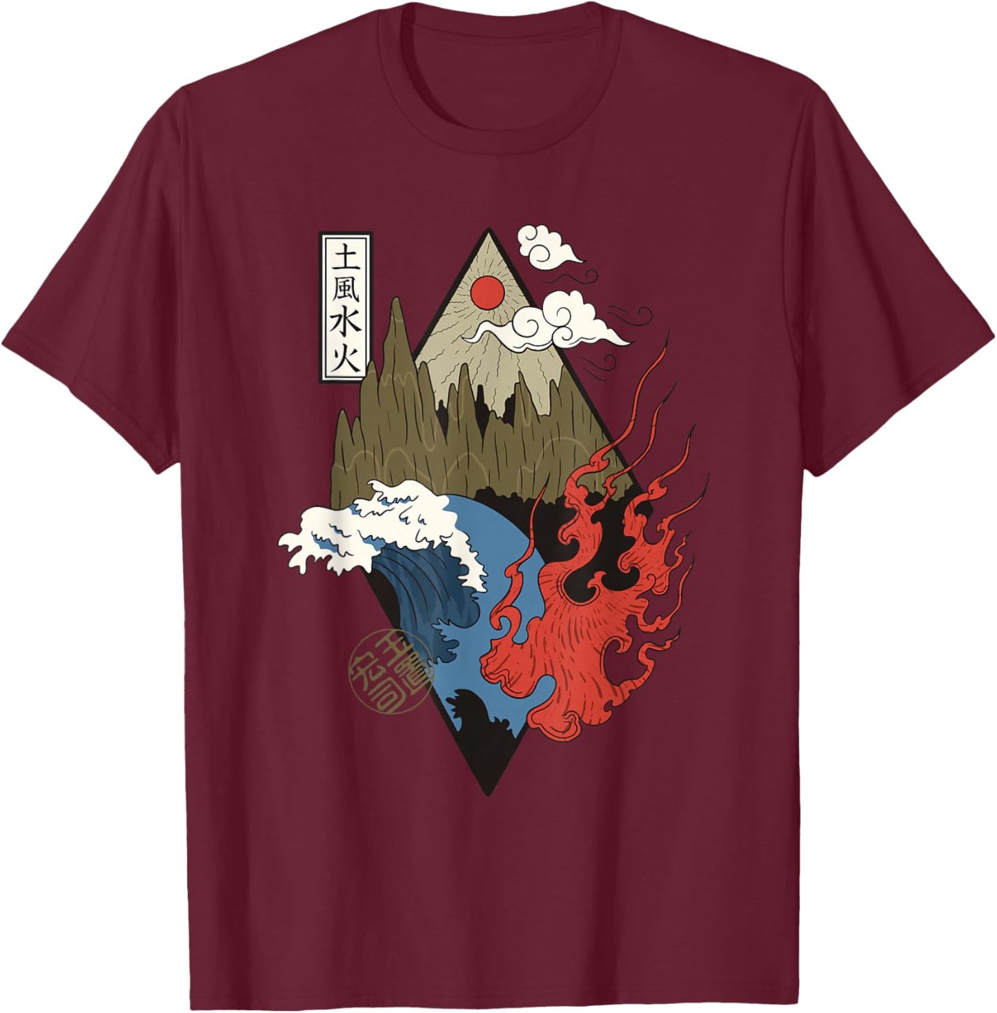 Four elements, water, air, fire, earth design T-Shirt - T-Shirt | Maroon