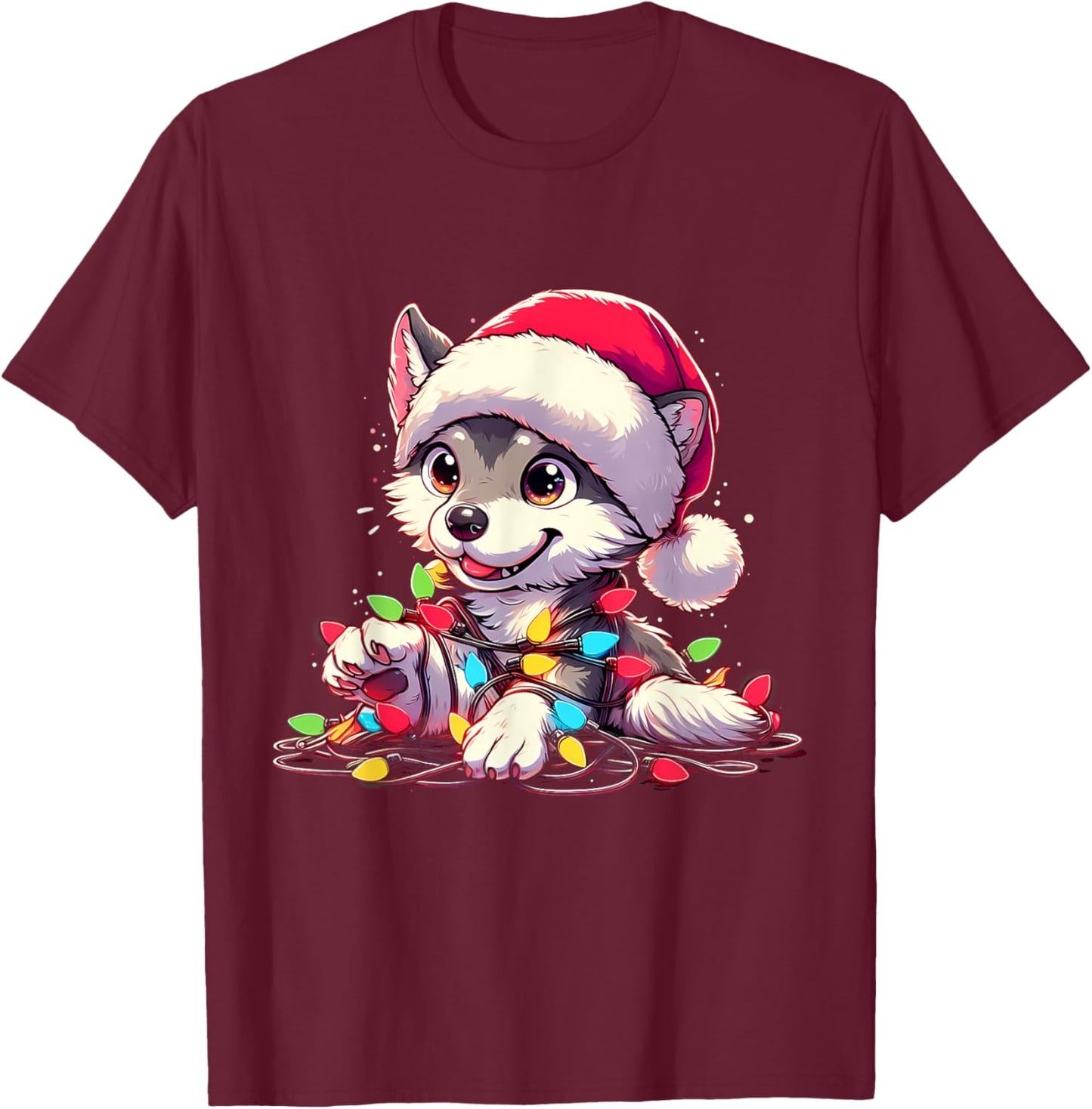 Merry Wolfmas Christmas Lights Cute Wolf Santa Hat T-Shirt - T-Shirt | Maroon