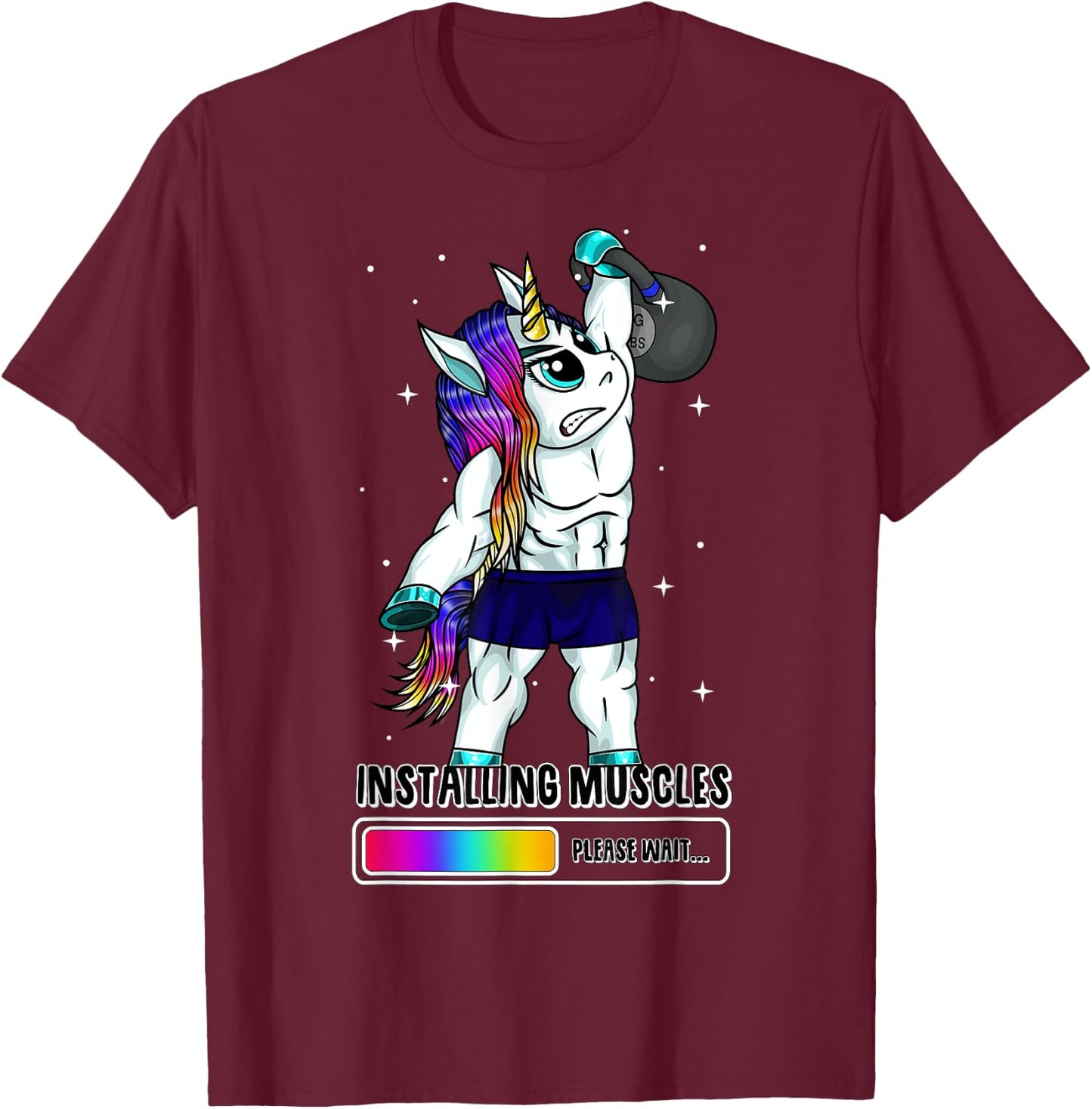 Unicorn Installing Muscles Kettlebell Fun Gym Workout Gift T-Shirt - T-Shirt | Maroon