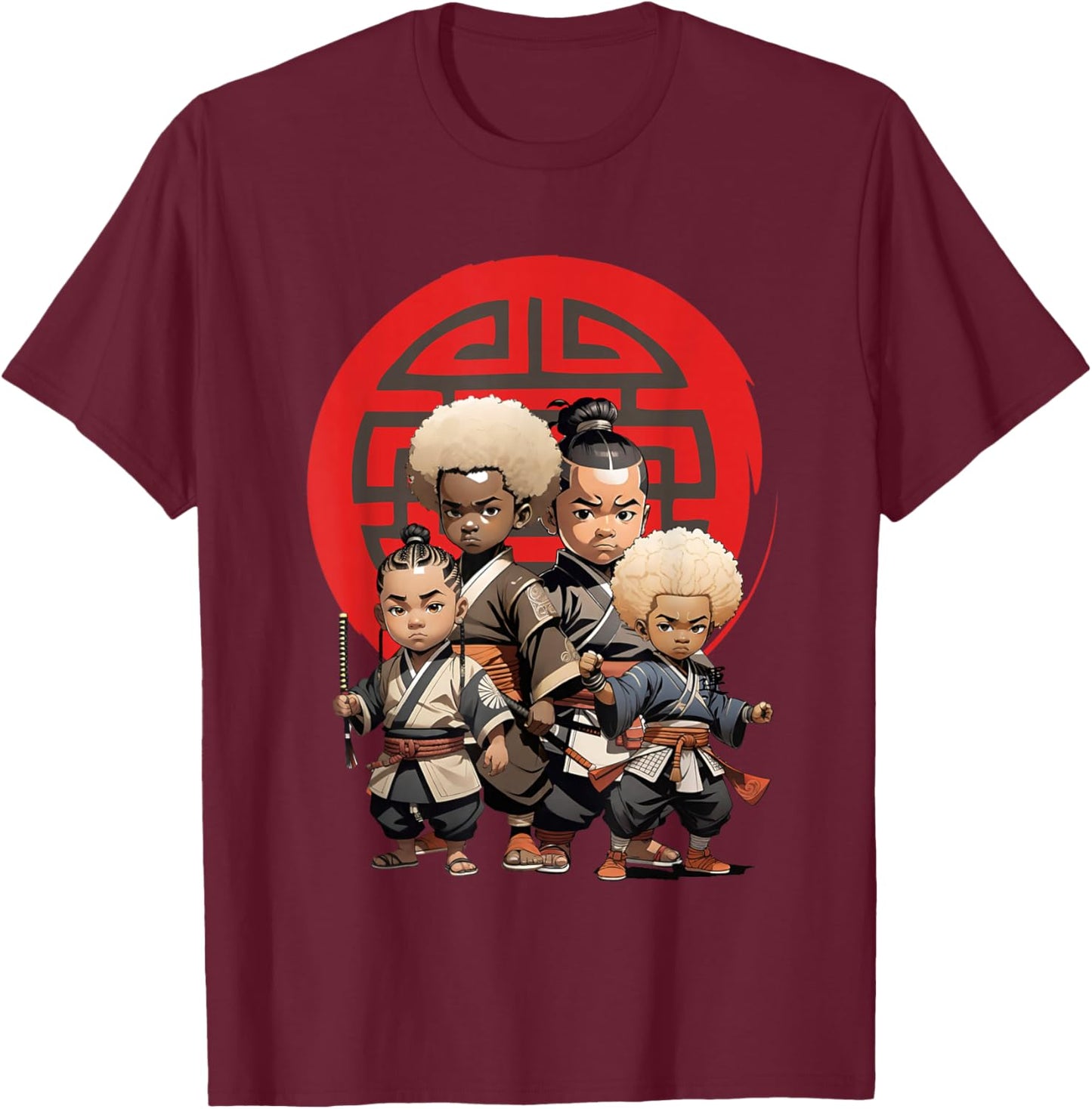 Samurai Boy Anime Afro | Japanese Retro Style T-Shirt - T-Shirt | Maroon