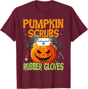 Pumpkin Scrubs Rubber Gloves Halloween Costume Nursing Nurse T-Shirt - T-Shirt | Maroon