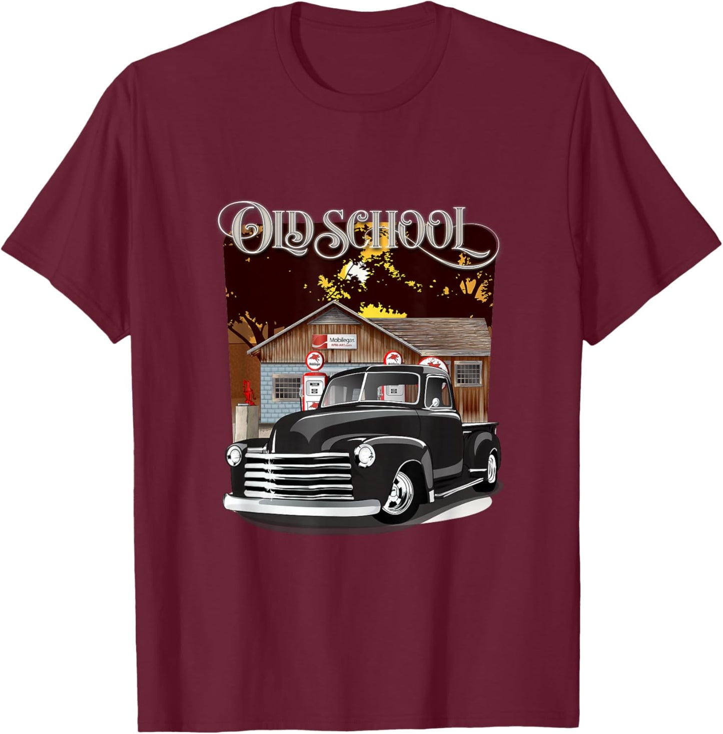1948 Classic Truck with Old School Service Station Design T-Shirt - T-Shirt | Maroon