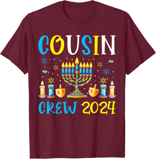 Cousin Crew 2024 Hanukkah Family Costume Menorah Dreidel T-Shirt - T-Shirt | Maroon
