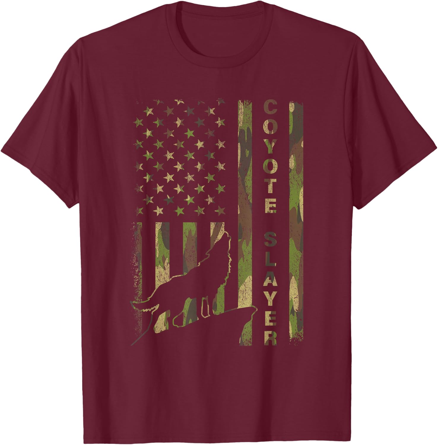 Hunter Camo American Flag Coyote Slayer Hunting Lovers T-Shirt - T-Shirt | Maroon