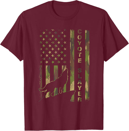 Hunter Camo American Flag Coyote Slayer Hunting Lovers T-Shirt - T-Shirt | Maroon