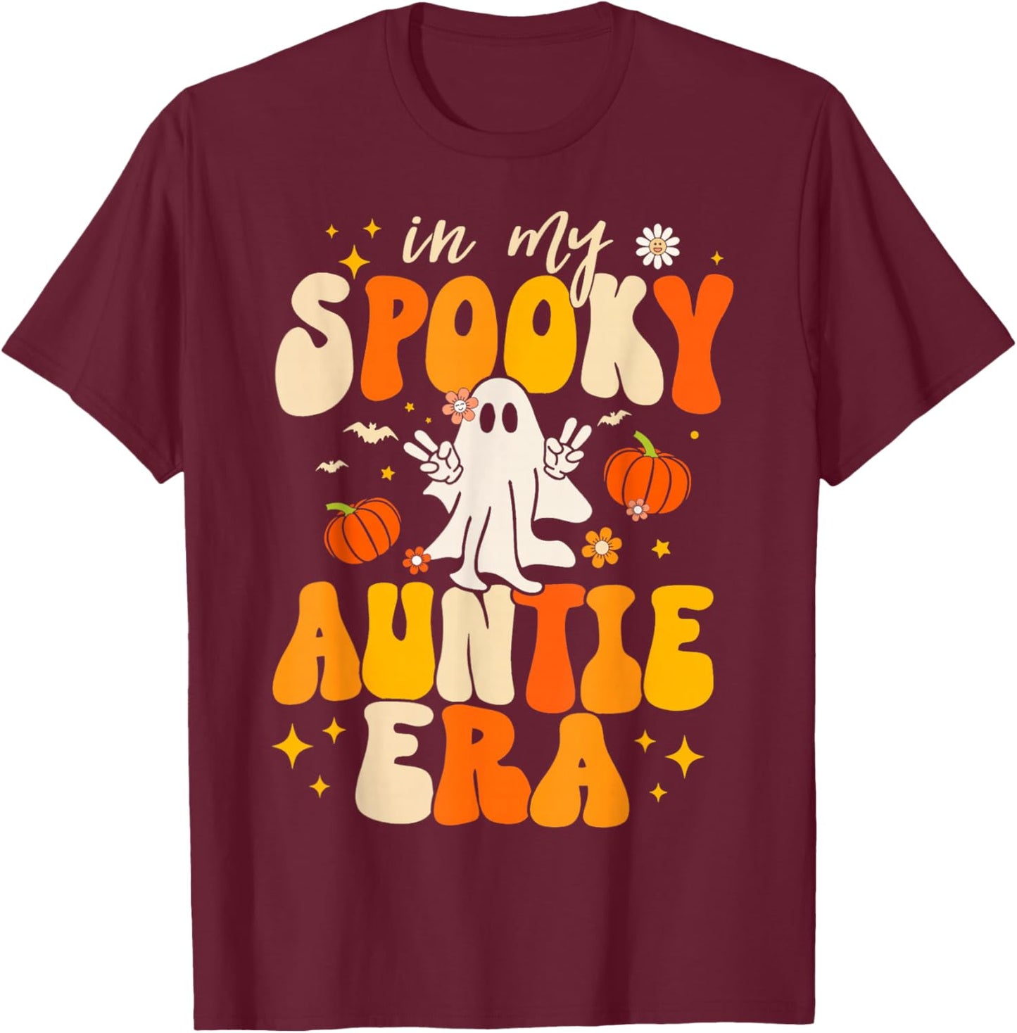 Retro In My Spooky Aunt Era Groovy Halloween Ghost Auntie T-Shirt - T-Shirt | Maroon