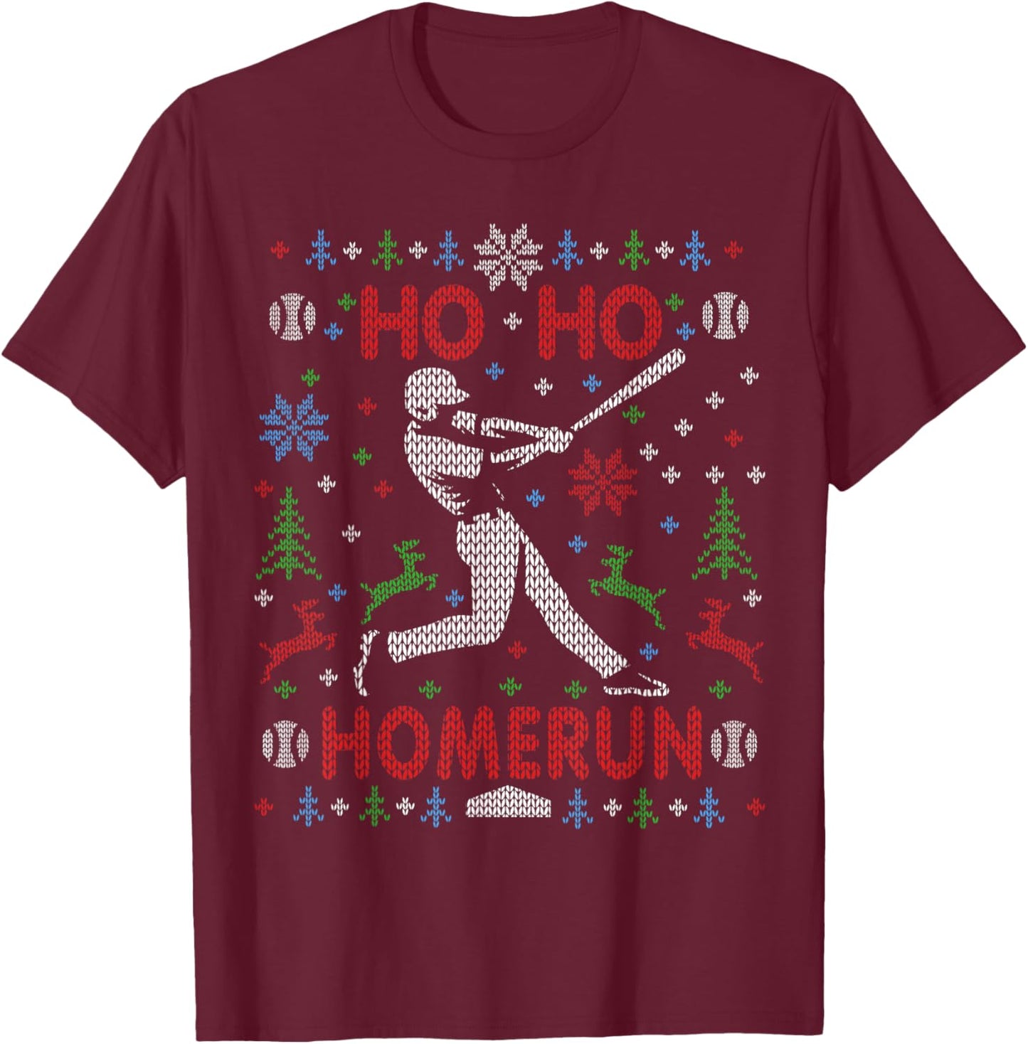 Baseball Softball Ho Ho Homerun Ugly Christmas Sweater Party T-Shirt - T-Shirt | Maroon