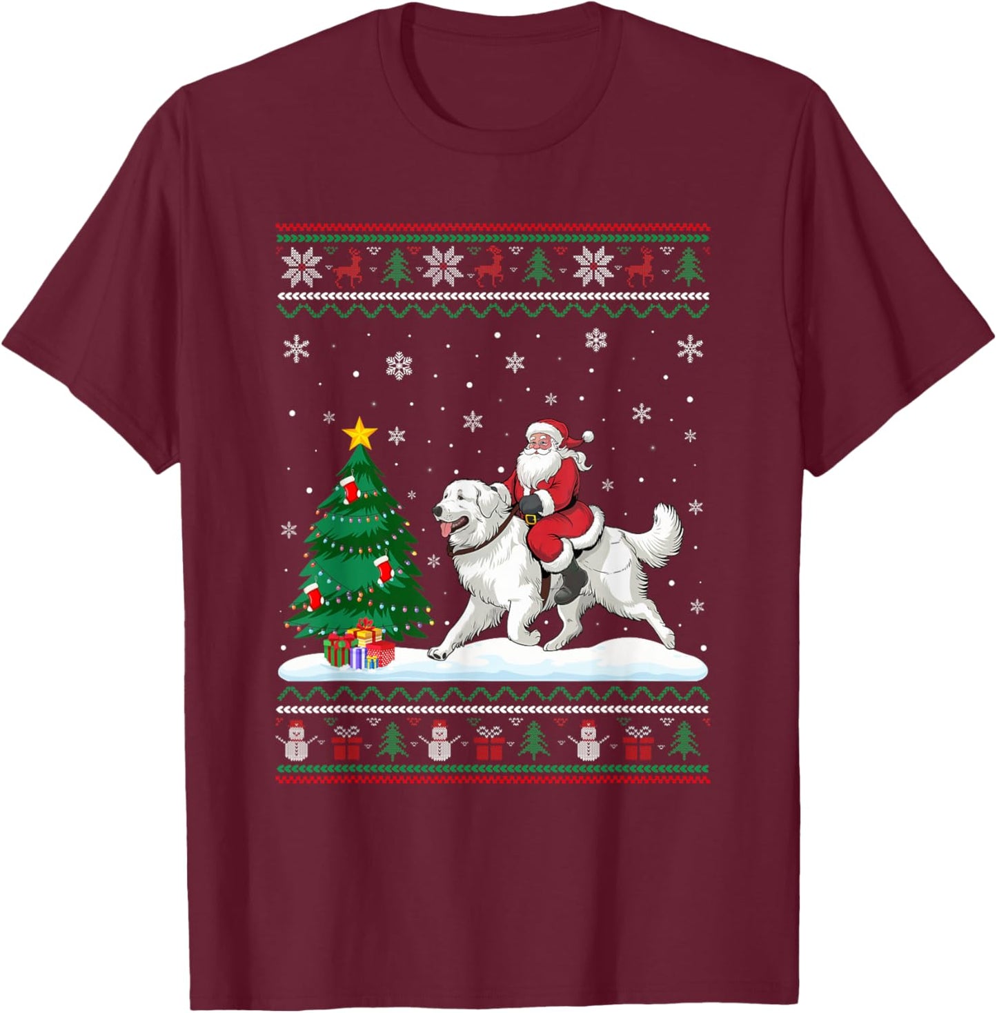 Ugly Christmas Tree Lights Santa Riding Great Pyrenees Dog T-Shirt - T-Shirt | Maroon