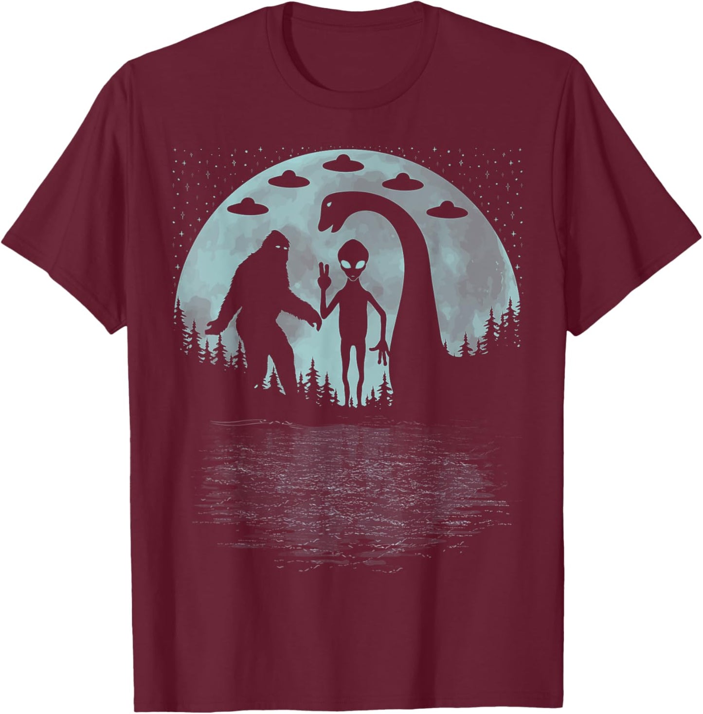 Bigfoot Loch Ness Monster Sasquatch Ufo Nessie And Aliens T-Shirt - T-Shirt | Maroon