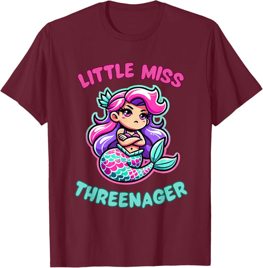 Little Miss Threenager Mermaid Princess Birthday 3 Third T-Shirt - T-Shirt | Maroon