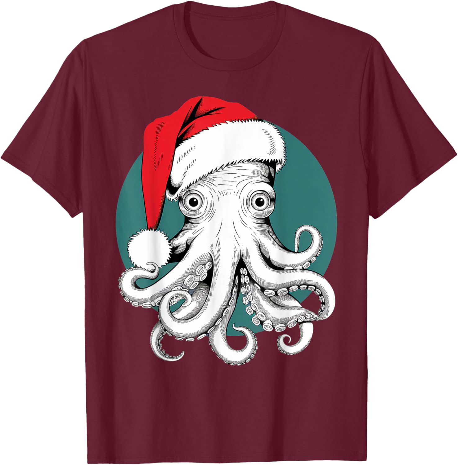 Joyful Octopus Santa on Octopus Christmas T-Shirt - T-Shirt | Maroon