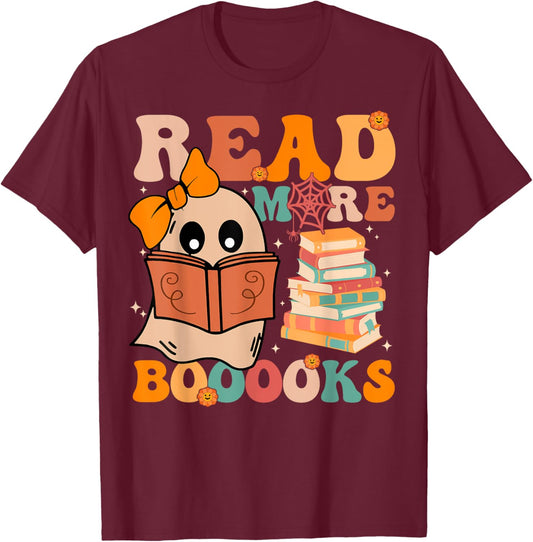 Groovy Booooks Ghost Read More Books Funny Teacher Halloween Men Women Kids T-Shirt - T-Shirt | Maroon
