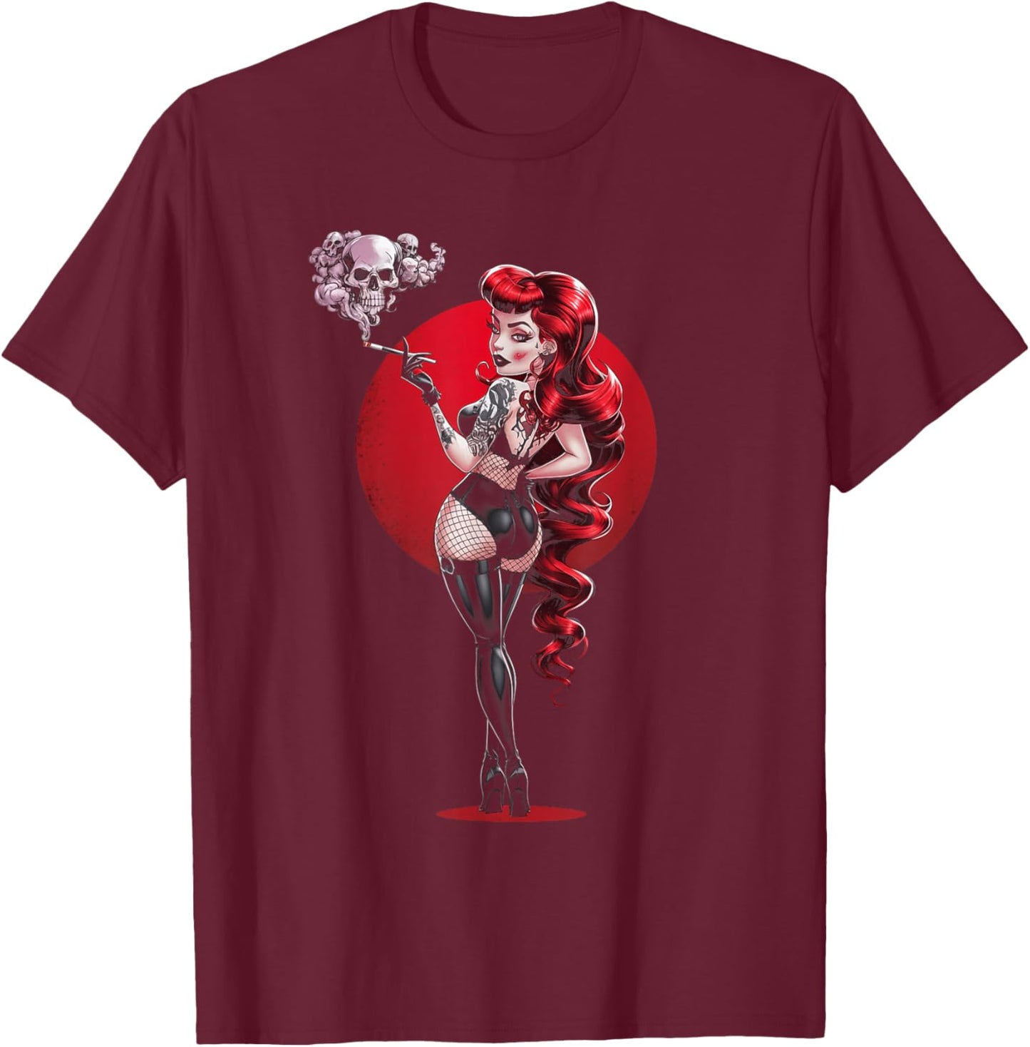 Sexy Horror Pinup Goth Girl mit Totenkopf Psychobilly Punk Art T-Shirt - T-Shirt | Maroon