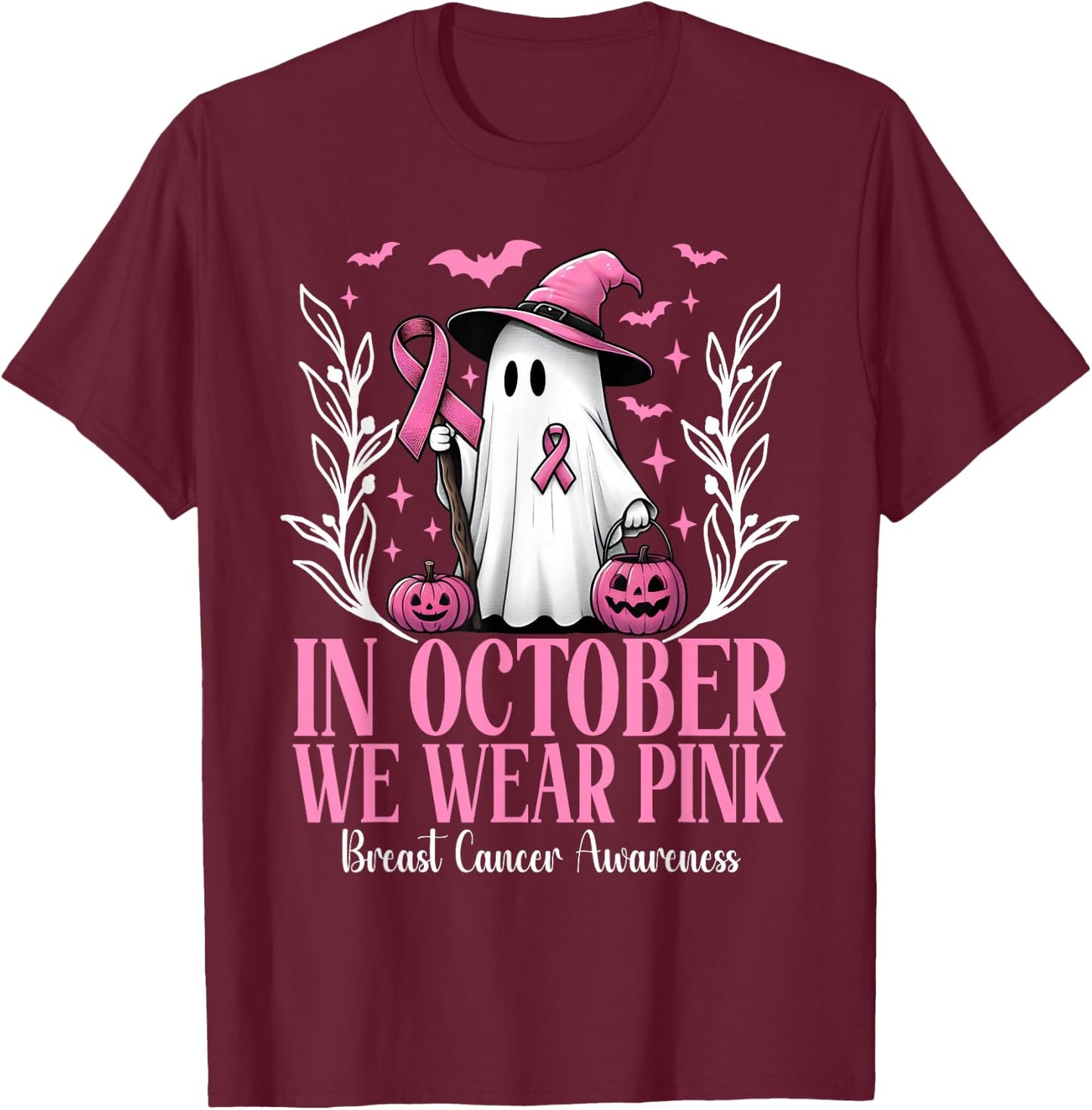 In October We Wear Pink Breast Cancer Witch Ghost Halloween T-Shirt - T-Shirt | Maroon
