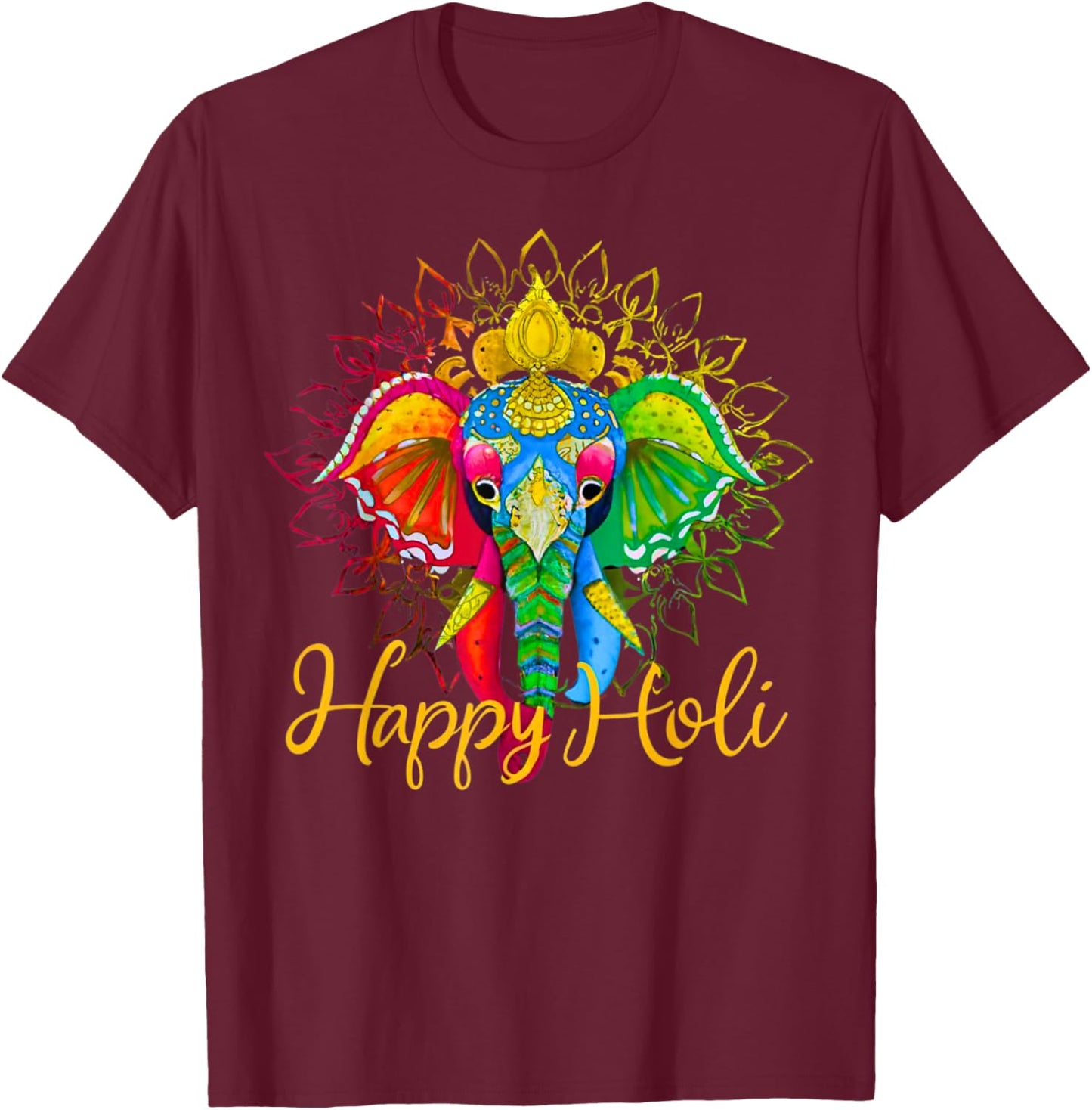 Happy Holi Festival India Colors Elephant Hindu Spring 2025 T-Shirt - T-Shirt | Maroon