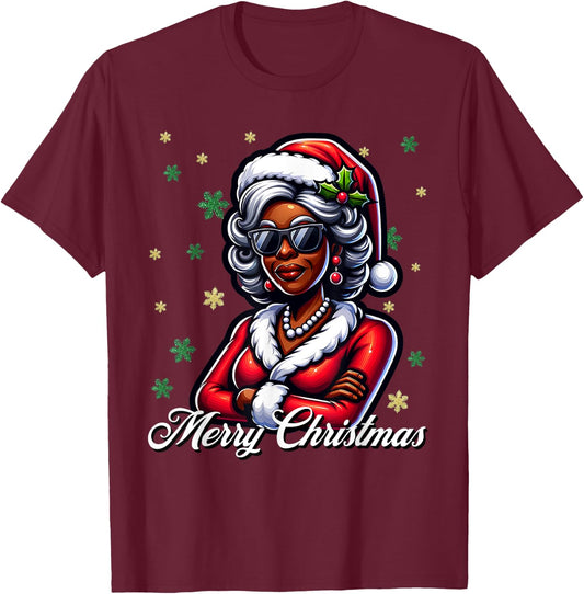 Mrs Santa African American Merry Christmas Melanin Queen T-Shirt - T-Shirt | Maroon