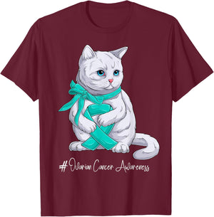 Ovarian Cancer Awareness Month Teal Ribbon Cat T-Shirt - T-Shirt | Maroon