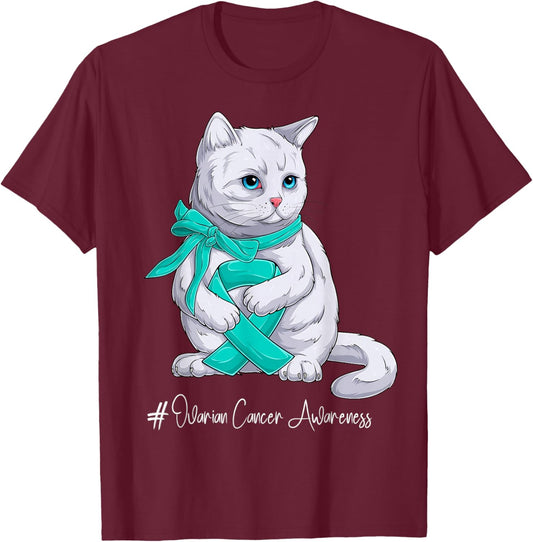 Ovarian Cancer Awareness Month Teal Ribbon Cat T-Shirt - T-Shirt | Maroon
