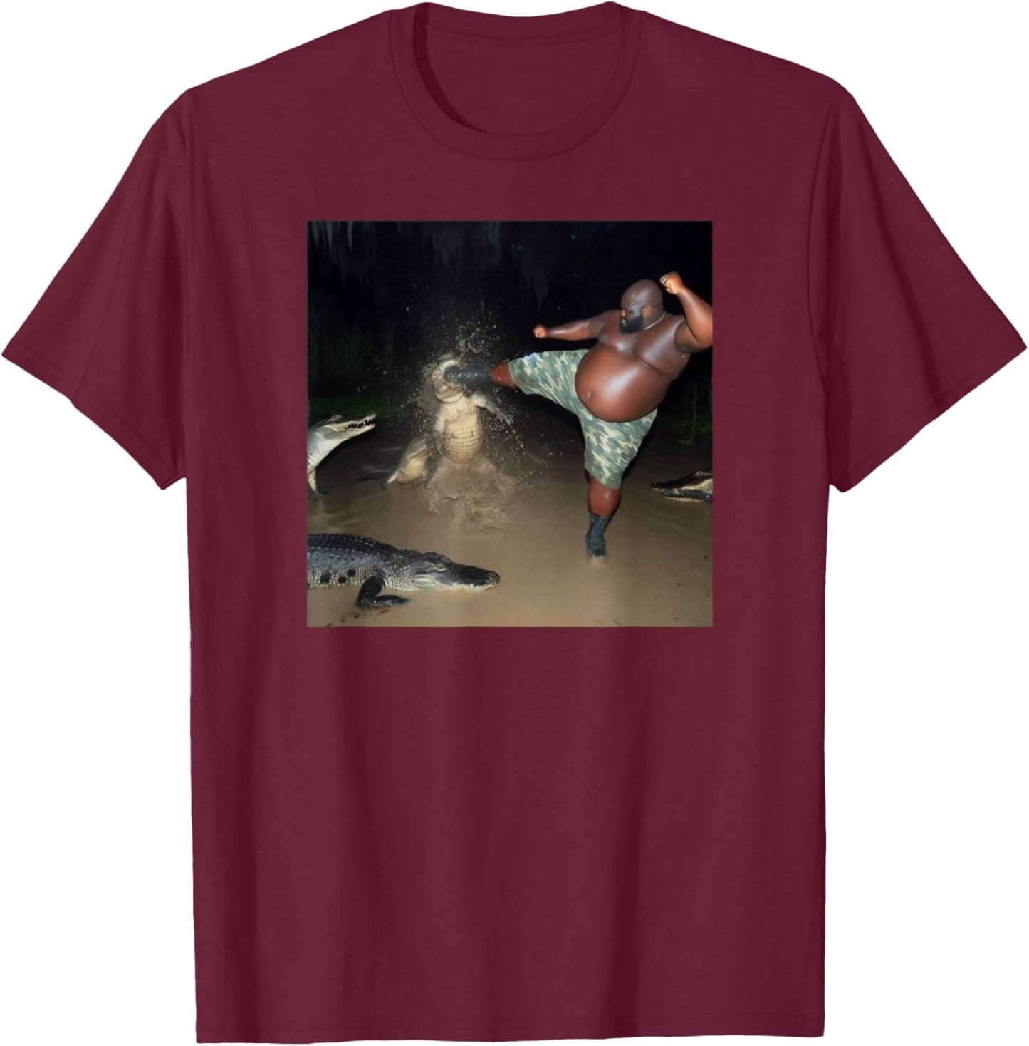 Guy kicking an alligator T-Shirt - T-Shirt | Maroon