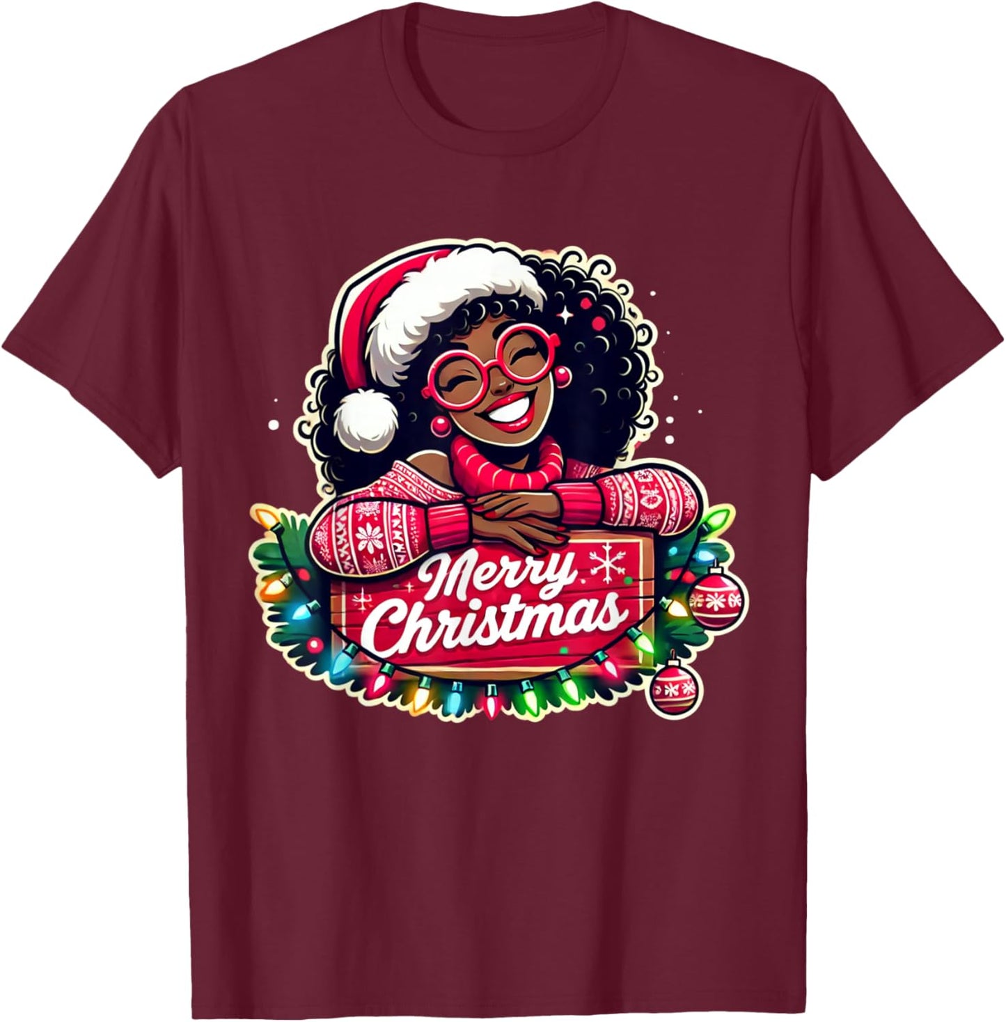 African American Merry Christmas African Black Women Girls T-Shirt - T-Shirt | Maroon