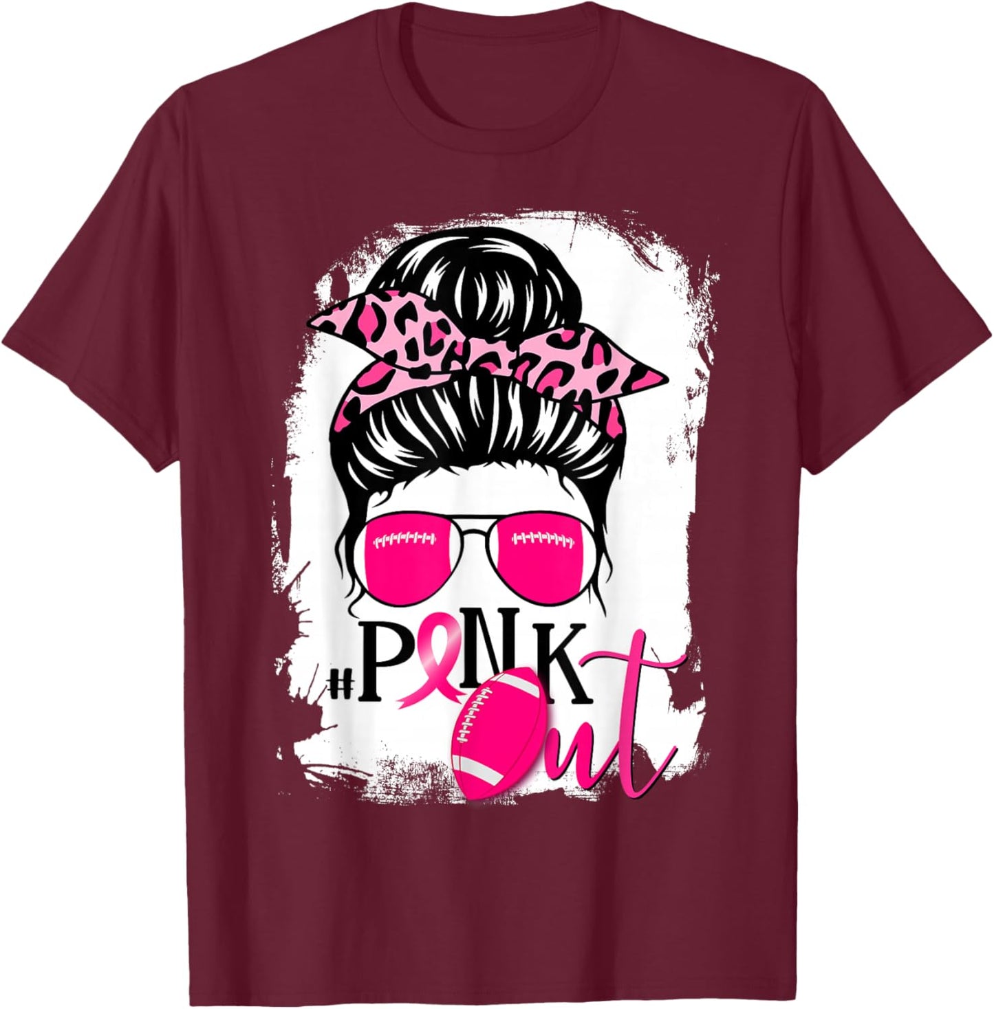 Bleached Pink Out Football Mom Messy Bun Pink Breast Cancer T-Shirt - T-Shirt | Maroon