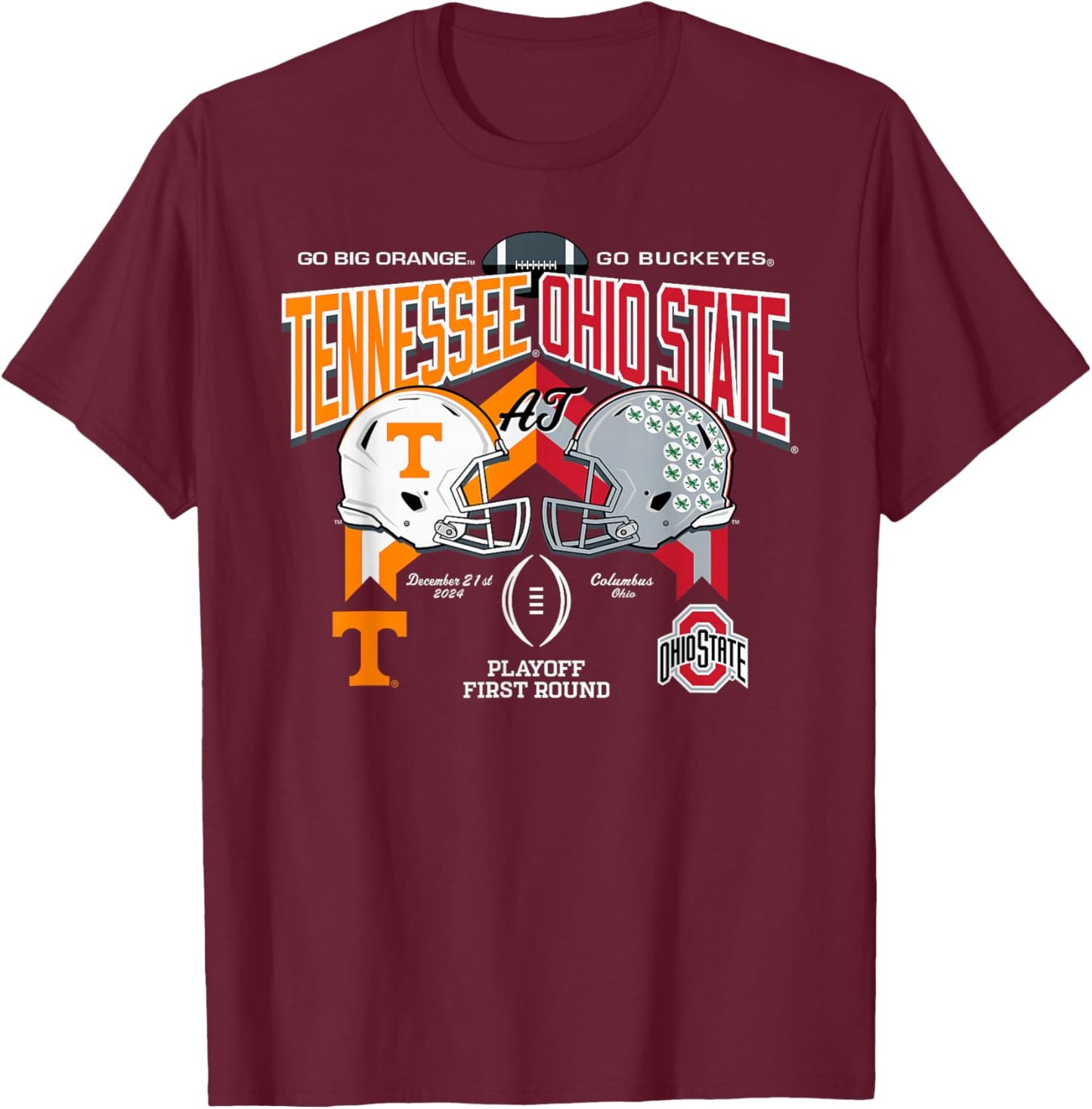 Elite Authentics -Adults Tennessee Volunteers at Ohio State Buckeyes CFP 2024-2025 Black Short Sleeve Modern Classic Fit T-Shirt - T-Shirt | Maroon