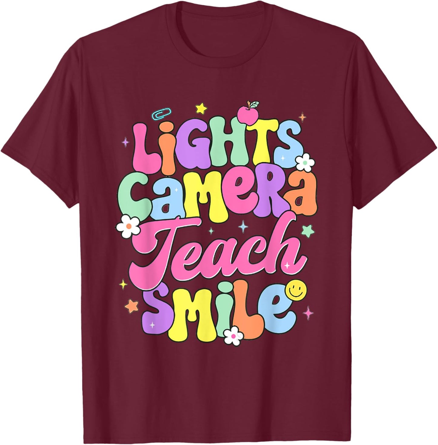 Retro Lights Camera Teach Smile Back To School Teacher Women T-Shirt - T-Shirt | Maroon