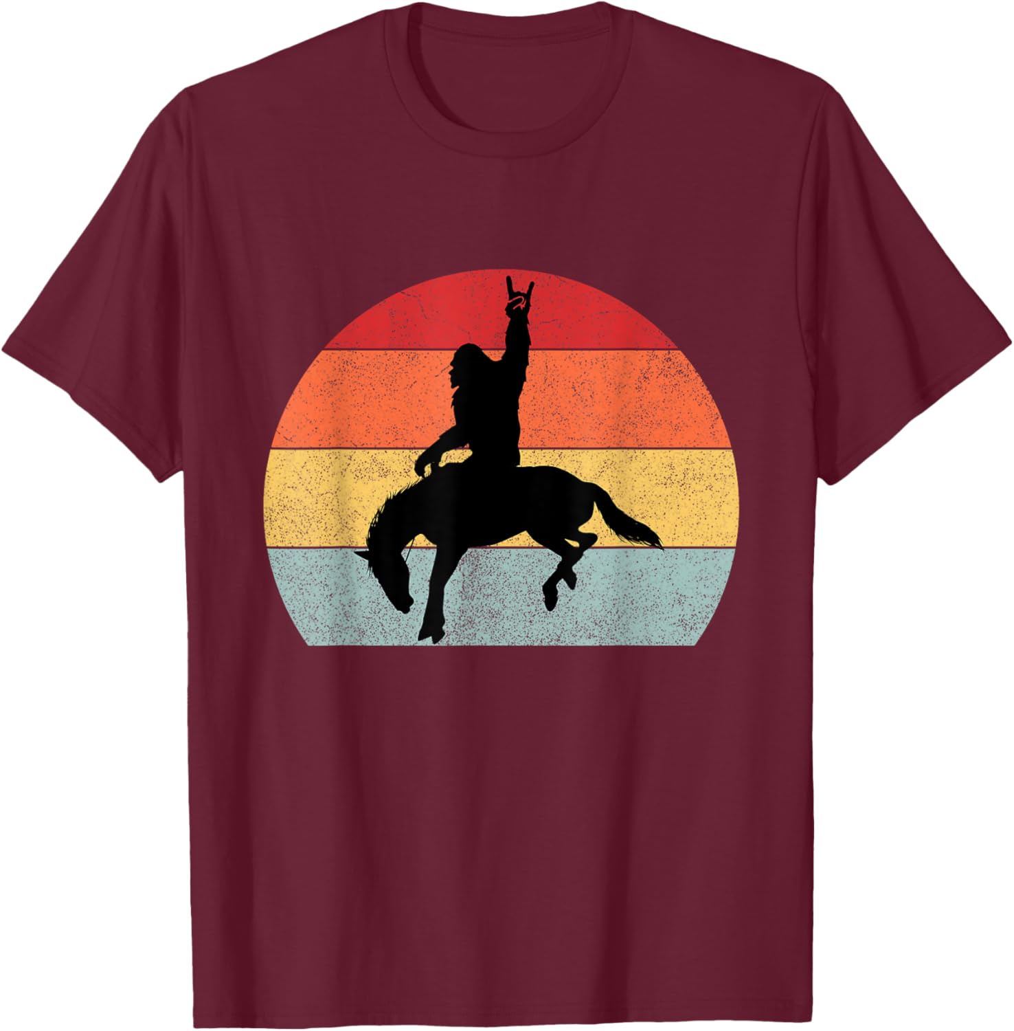Bigfoot Riding a Horse Rodeo Retro Sunset Funny T-Shirt - T-Shirt | Maroon