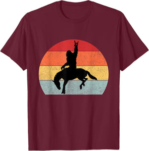 Bigfoot Riding a Horse Rodeo Retro Sunset Funny T-Shirt - T-Shirt | Maroon