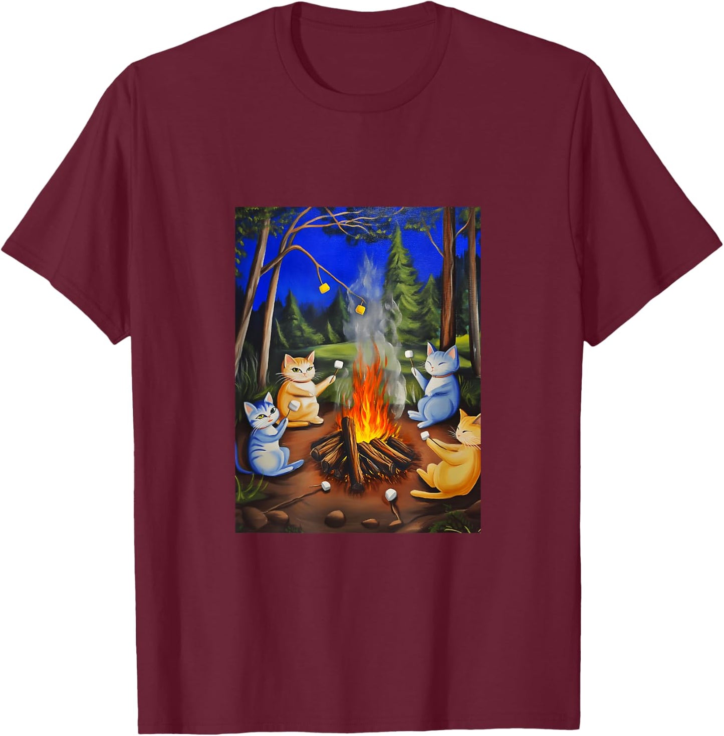 Cats Camping and Roasting Marshmallows Over An Open Fire T-Shirt - T-Shirt | Maroon