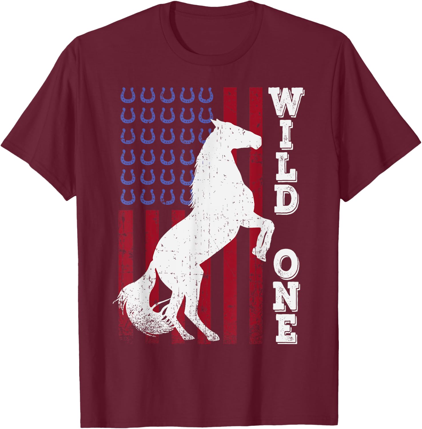 Vintage Grunge American USA Flag Wild One Mustang Horse T-Shirt - T-Shirt | Maroon