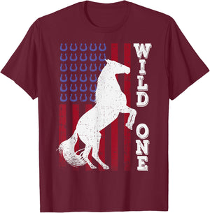 Vintage Grunge American USA Flag Wild One Mustang Horse T-Shirt - T-Shirt | Maroon