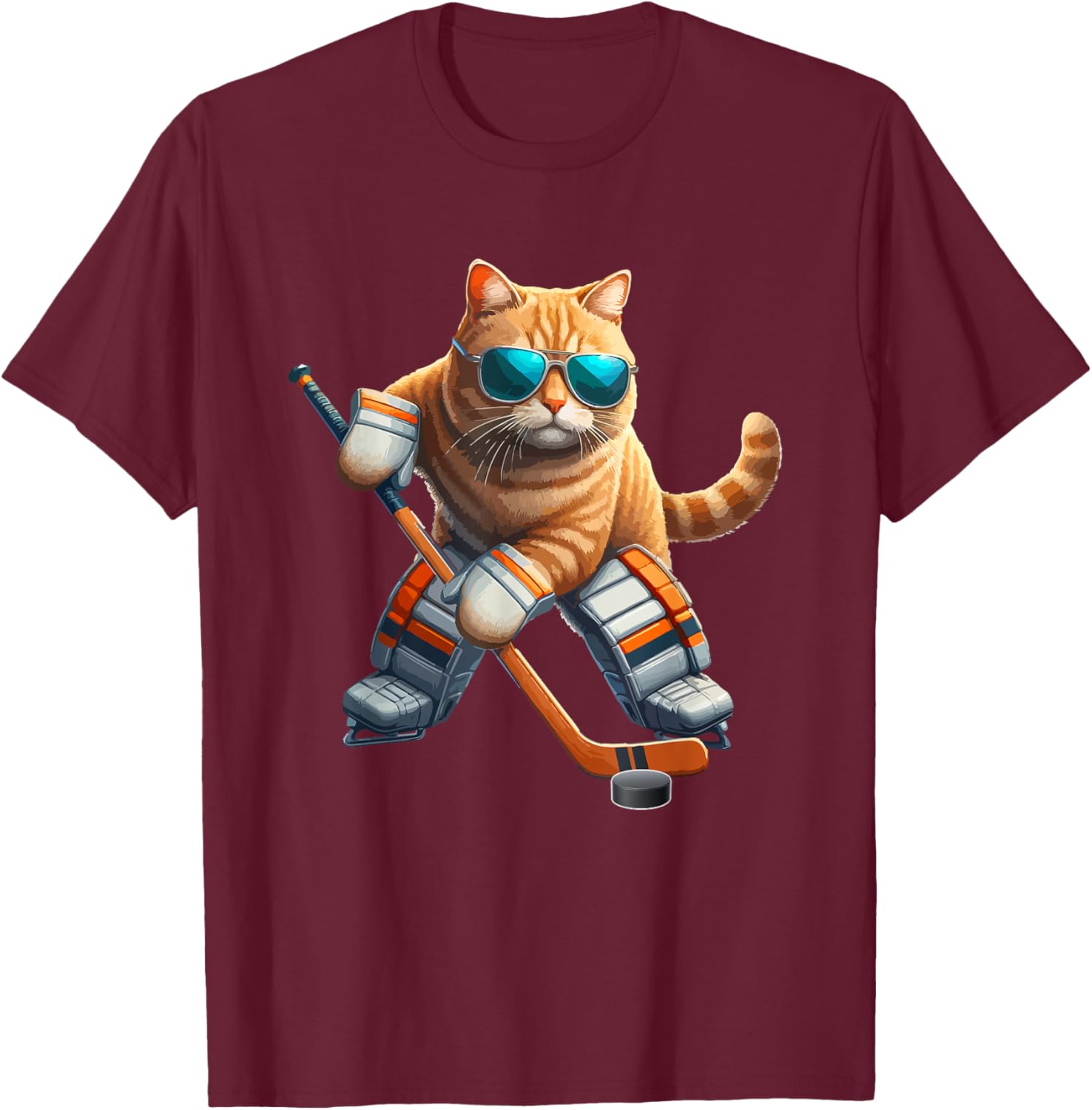 Cat Sunglasses Playing Hockey Costume Player Owner Lover T-Shirt - T-Shirt | Maroon
