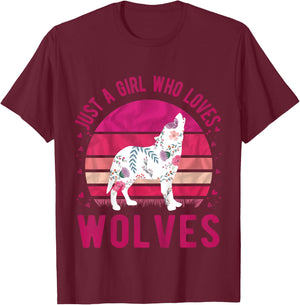 Kids Just a Girl Who Loves Wolves Vintage Retro Gift T-Shirt - T-Shirt | Maroon