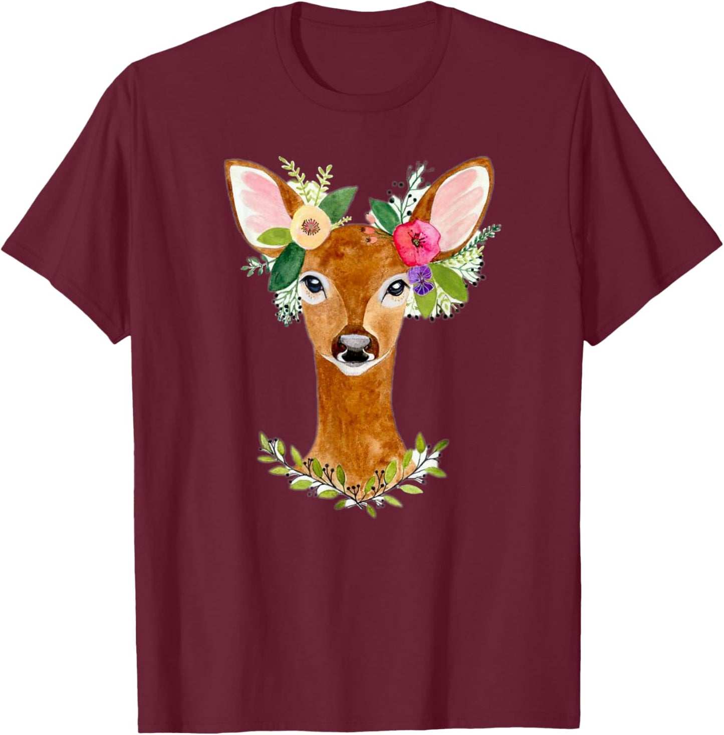 Charming Deer Bohemian Nature Art Floral Deer Artwork T-Shirt - T-Shirt | Maroon