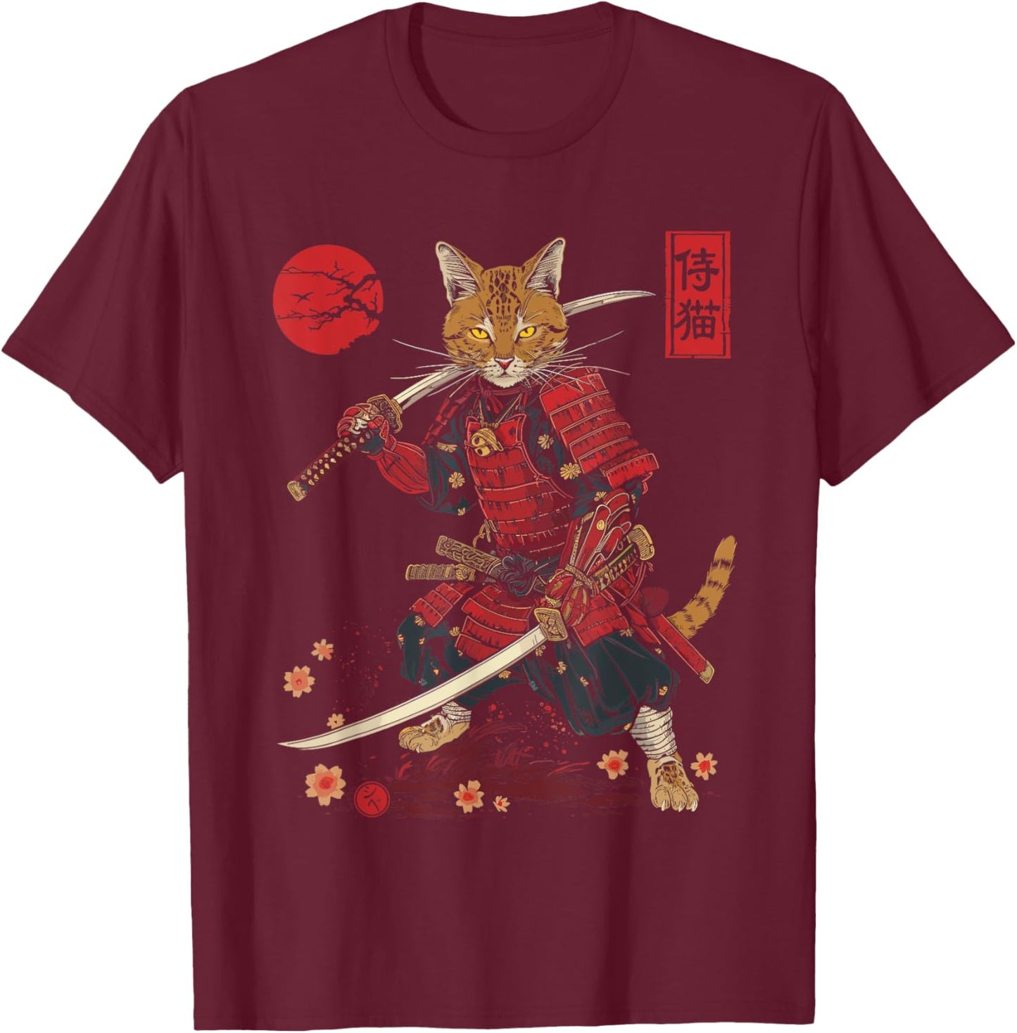 Samurai Cat, Japanese Cat Art Aesthetic, Cat Lover T-Shirt - T-Shirt | Maroon