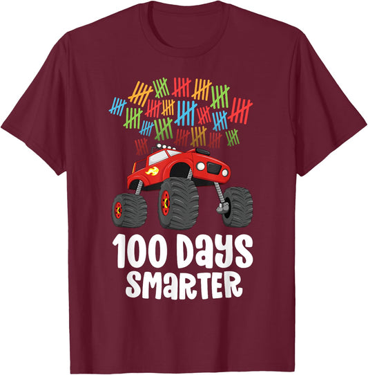 Boys 100th Day of School Shirt Monster Truck 100 Smarter T-Shirt - T-Shirt | Maroon