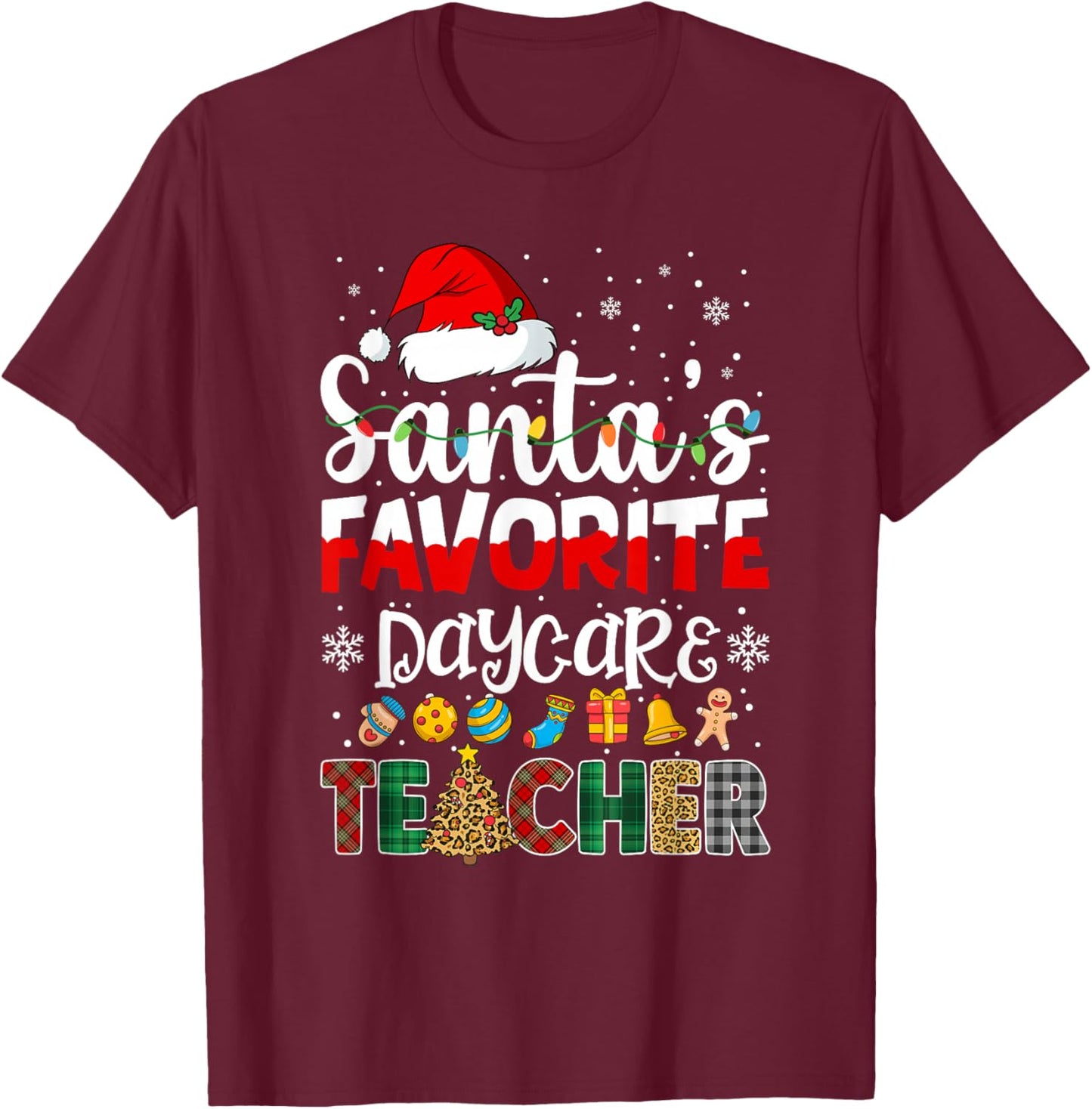 Santa's Favorite Daycare Teacher Buffalo Plaid Christmas T-Shirt - T-Shirt | Maroon