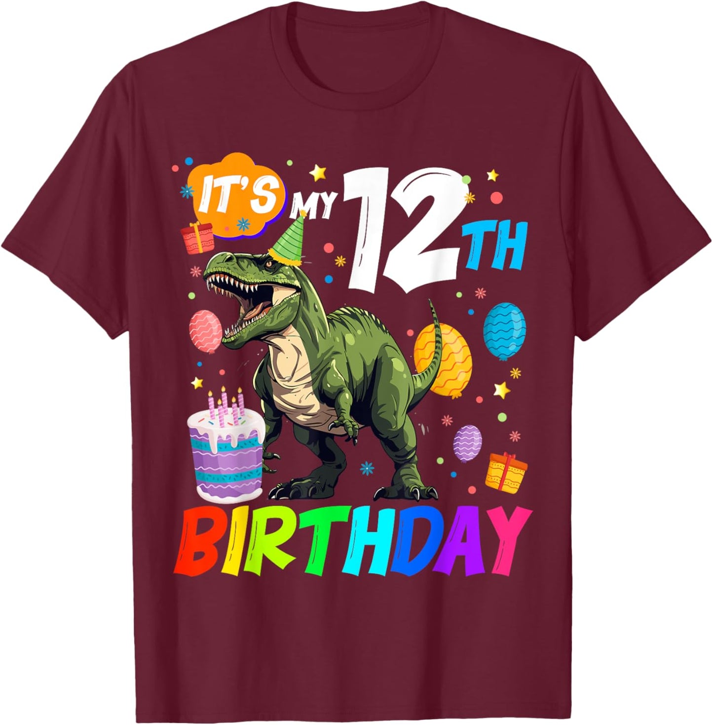 It's My 12th Birthday Dinosaur Rawr I'm 12 Year Old Cool T-Shirt - T-Shirt | Maroon