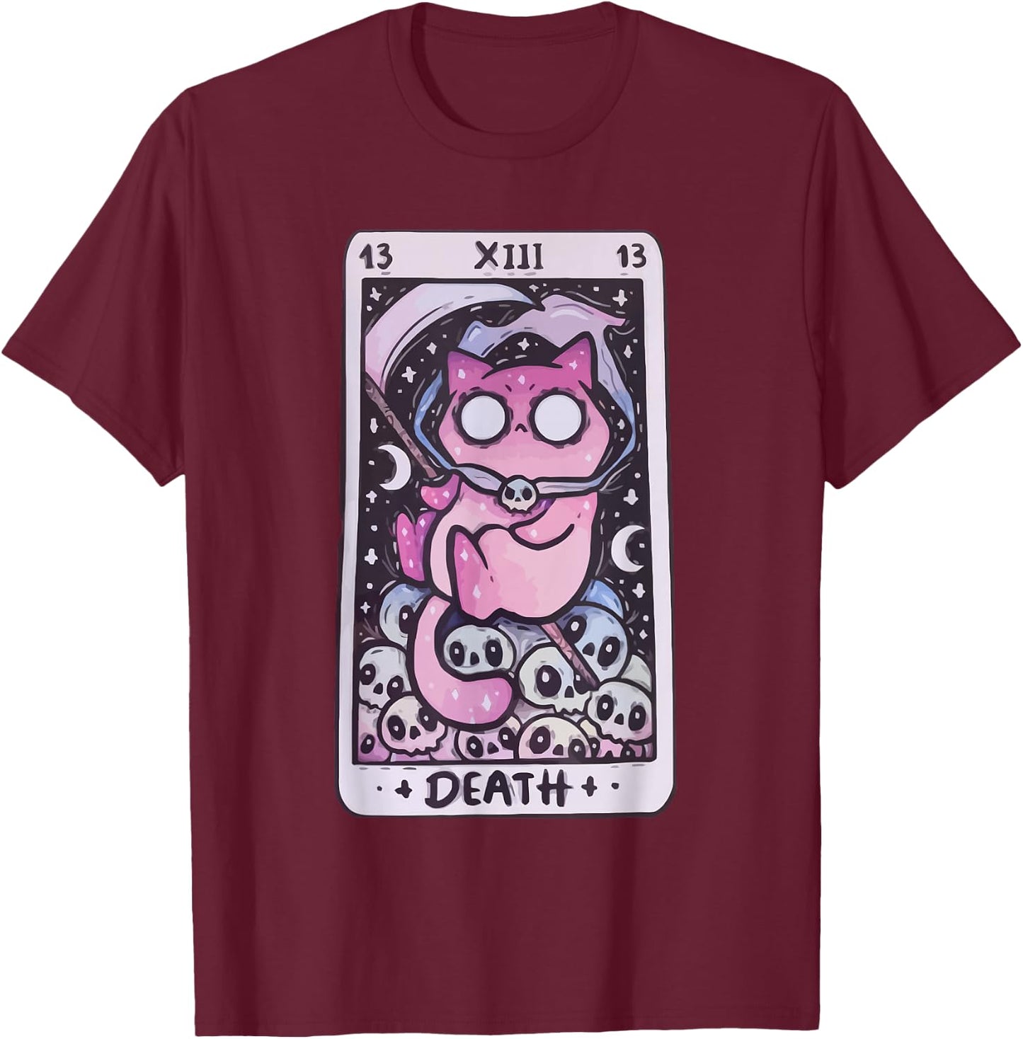 Kawaii Pastel Goth Art the Death Tarot Cute Cat Creepy Art T-Shirt - T-Shirt | Maroon