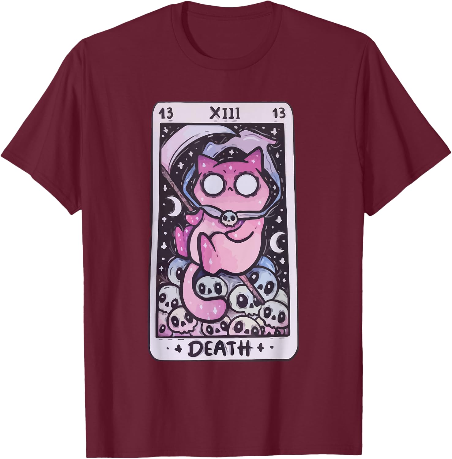 Kawaii Pastel Goth Art the Death Tarot Cute Cat Creepy Art T-Shirt - T-Shirt | Maroon