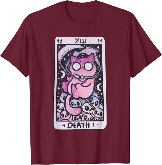 Kawaii Pastel Goth Art the Death Tarot Cute Cat Creepy Art T-Shirt - T-Shirt | Maroon