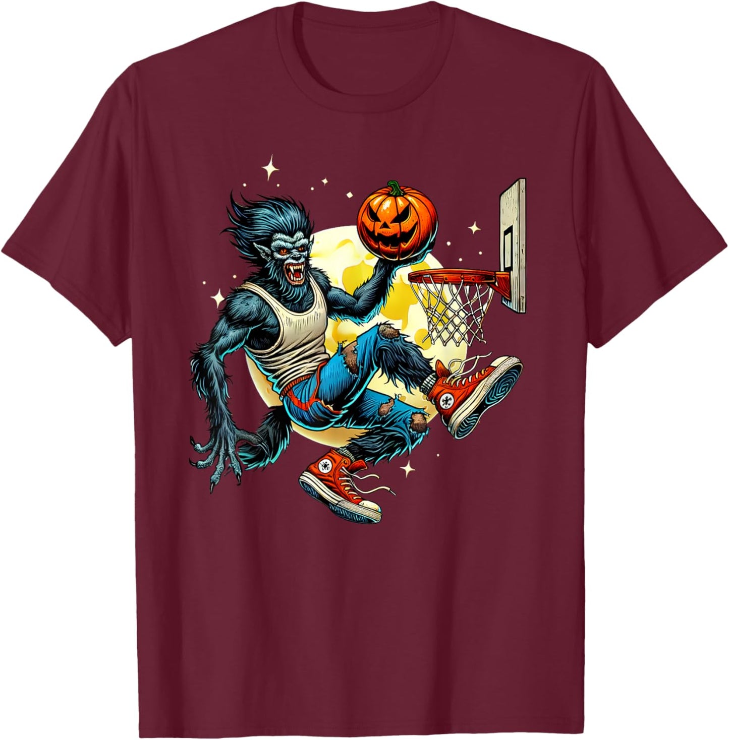 Halloween Werewolf Basketball Player Slam Dunk Graphic T-Shirt - T-Shirt | Maroon